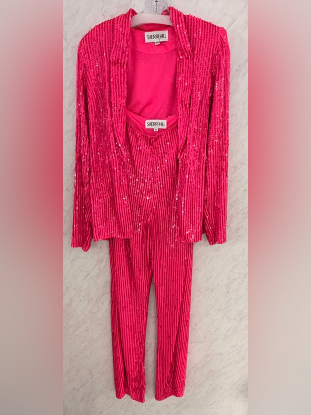 Sherri Hill Hot Pink Sequined Jacket and pant Set